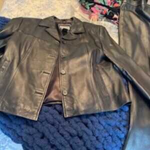 CLIO Black Leather Button Front Jacket/Blazer, Size M with Leather Pants, S 10